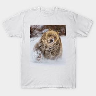 Grizzly Bear Running through Snow T-Shirt